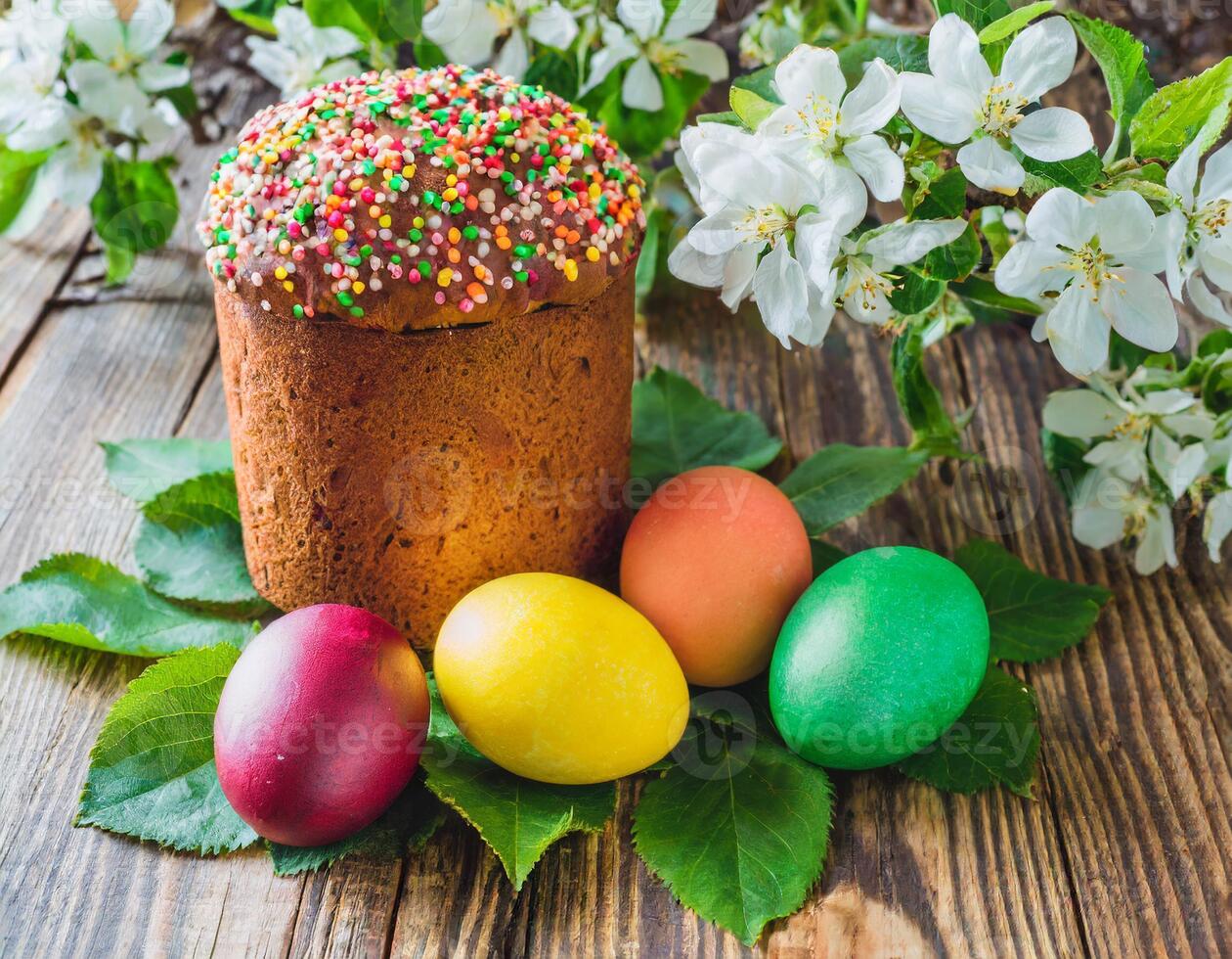 Pascua de Resurrección huevo Panettone un pan pastel antecedentes contento Pascua de Resurrección primavera fiesta tulipán foto