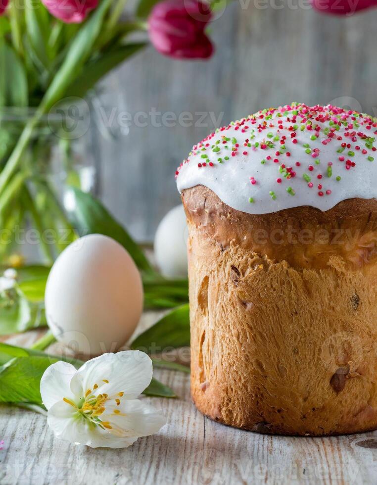 Easter egg panettone bread cake background Happy easter spring holiday tulip photo