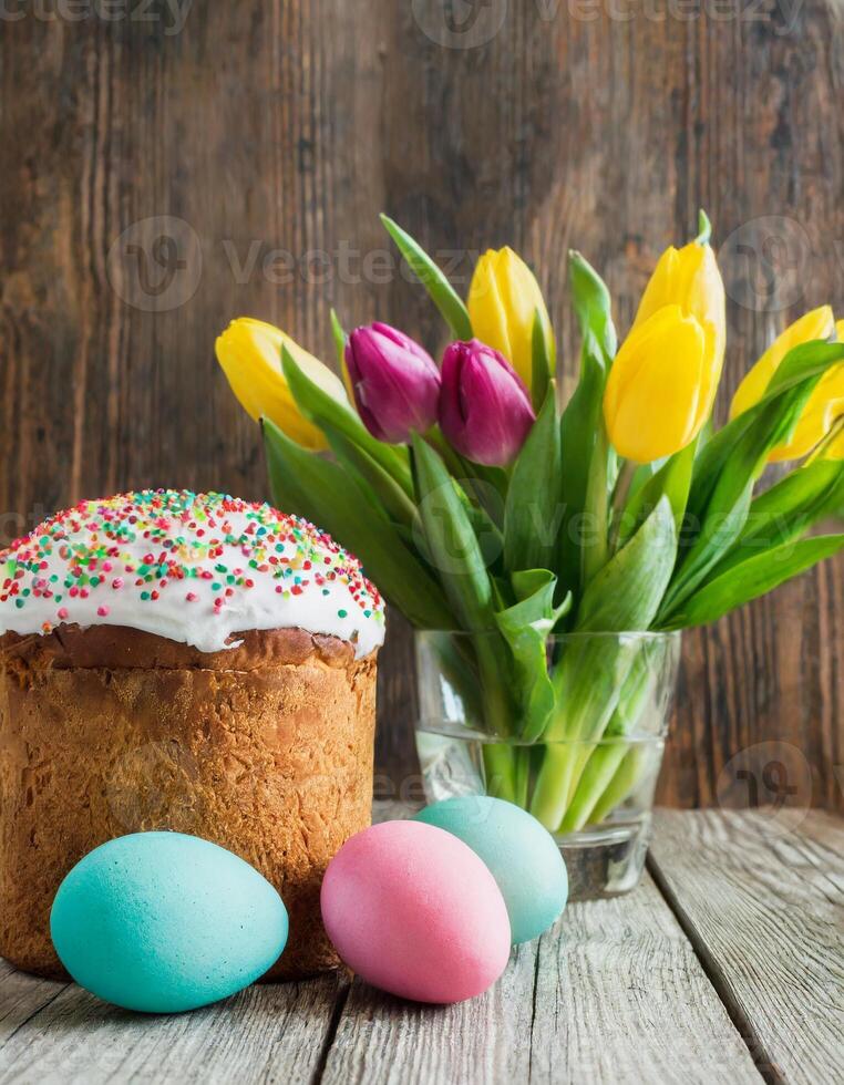 Easter egg panettone bread cake background Happy easter spring holiday tulip photo