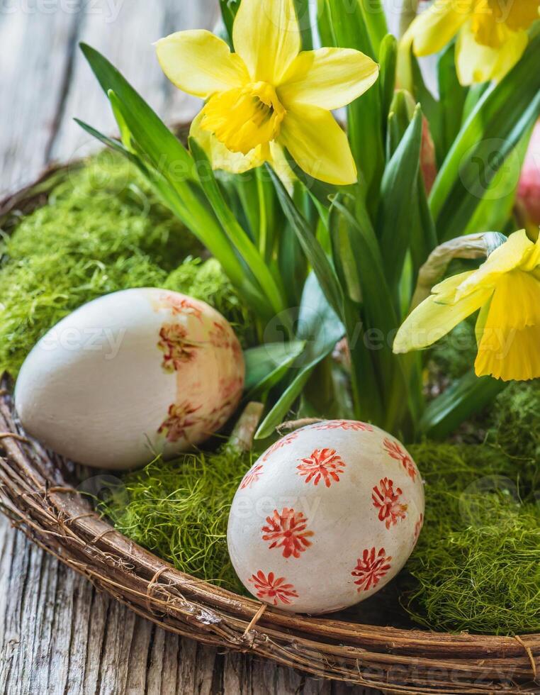 Easter egg panettone bread cake background Happy easter spring holiday tulip photo