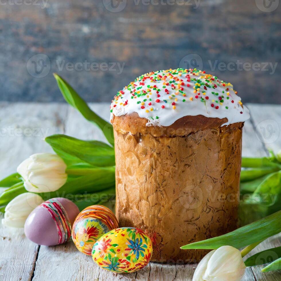 Pascua de Resurrección huevo Panettone un pan pastel antecedentes contento Pascua de Resurrección primavera fiesta tulipán foto