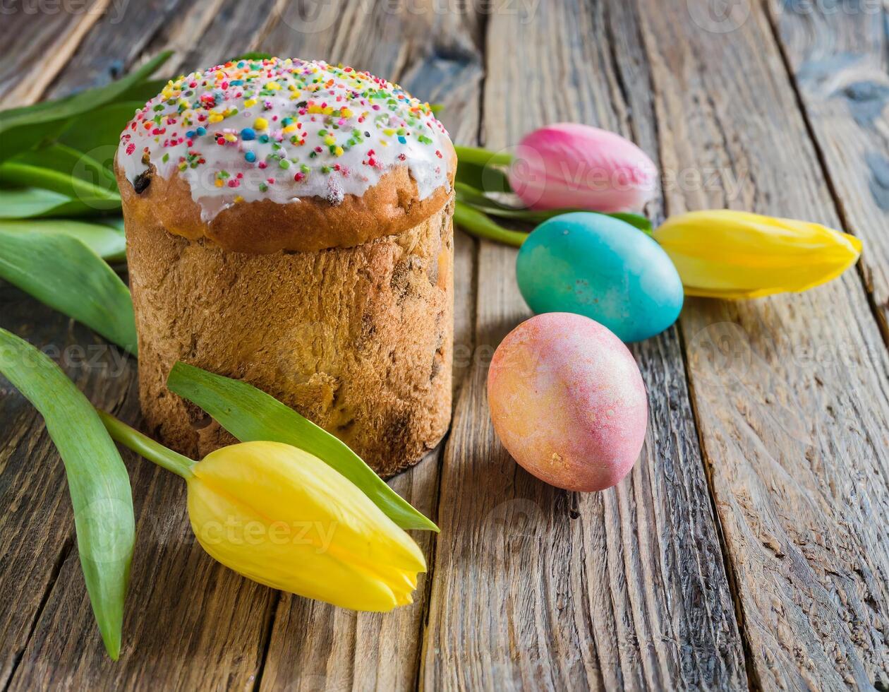 Pascua de Resurrección huevo Panettone un pan pastel antecedentes contento Pascua de Resurrección primavera fiesta tulipán foto