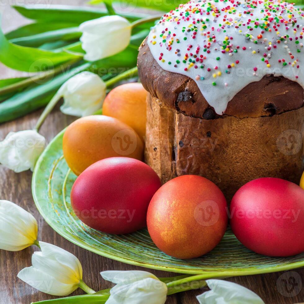 Pascua de Resurrección huevo Panettone un pan pastel antecedentes contento Pascua de Resurrección primavera fiesta tulipán foto