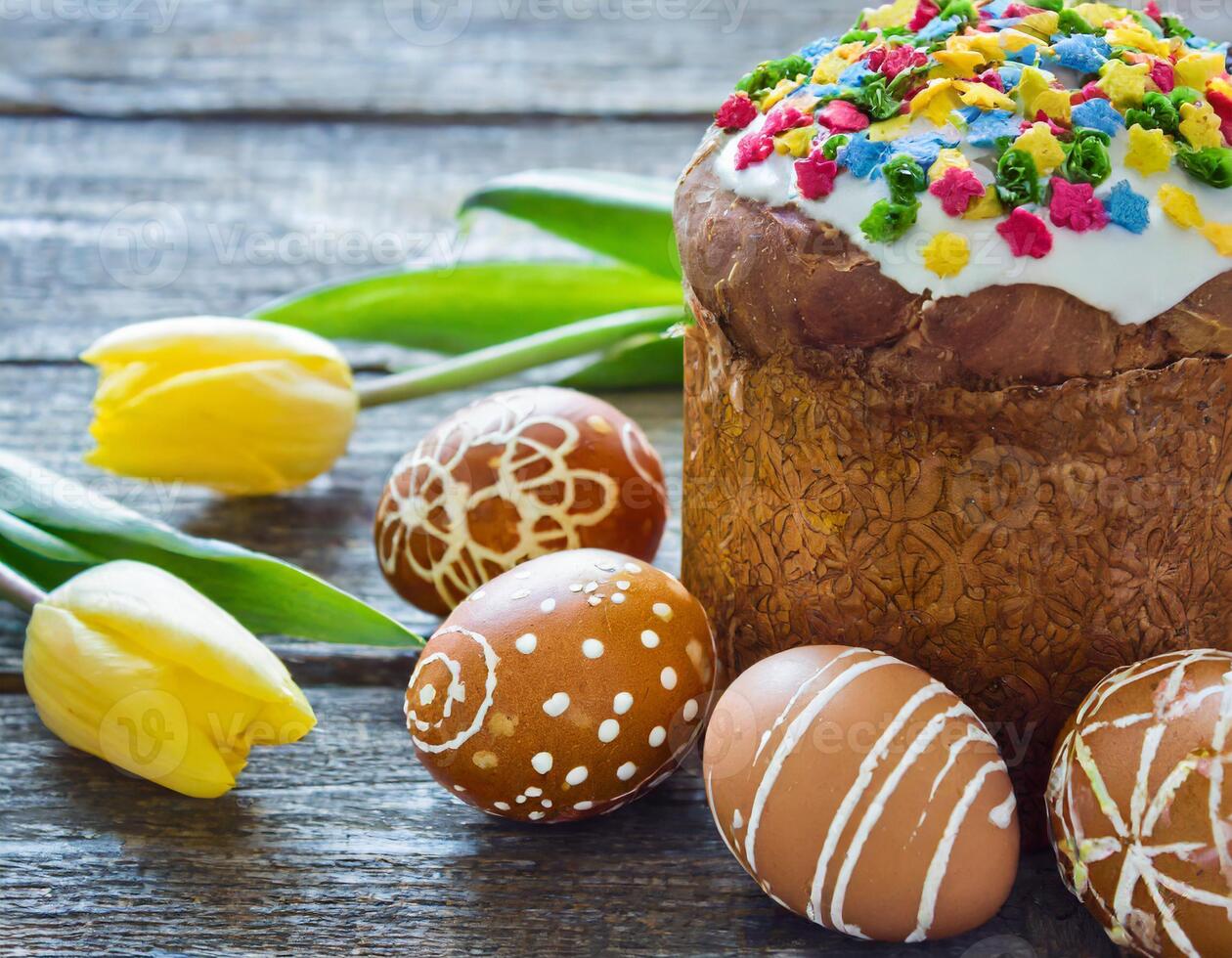 Easter egg panettone bread cake background Happy easter spring holiday tulip photo