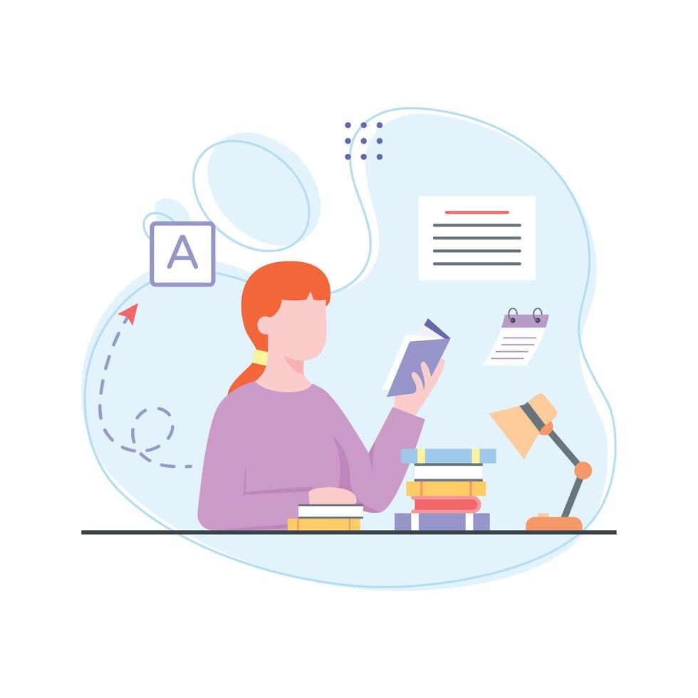 Girl reading book, flat illustration of study, ready to use and download vector