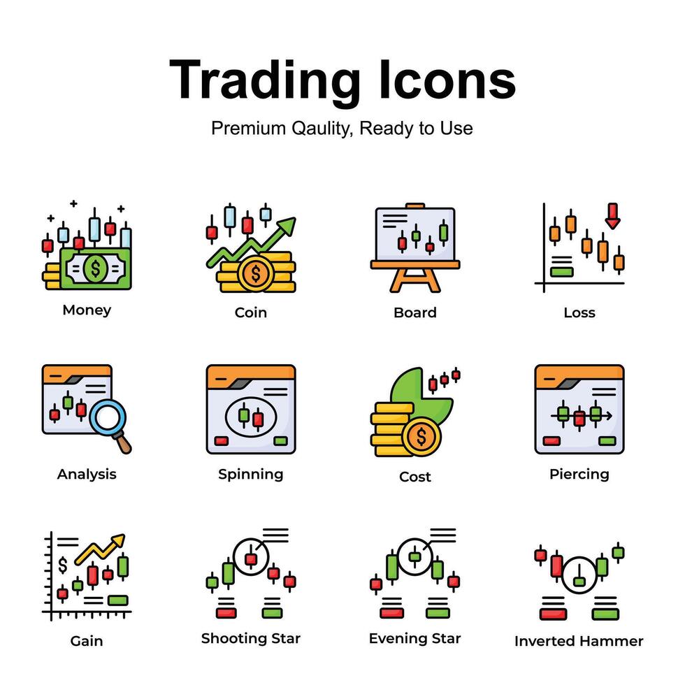 Get this amazing trading icons set in trendy design style, up for premium use vector