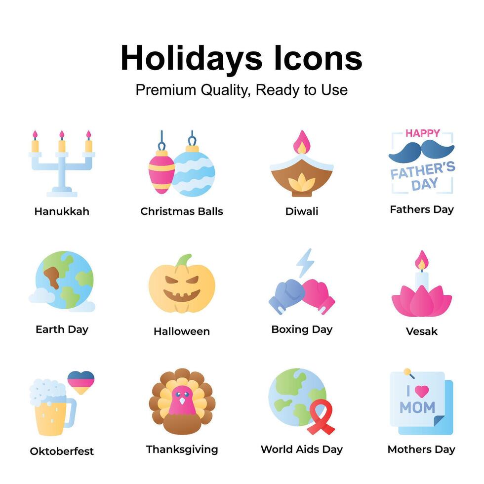 Grab this beautifully crafted holiday and festival icons pack, premium vectors set