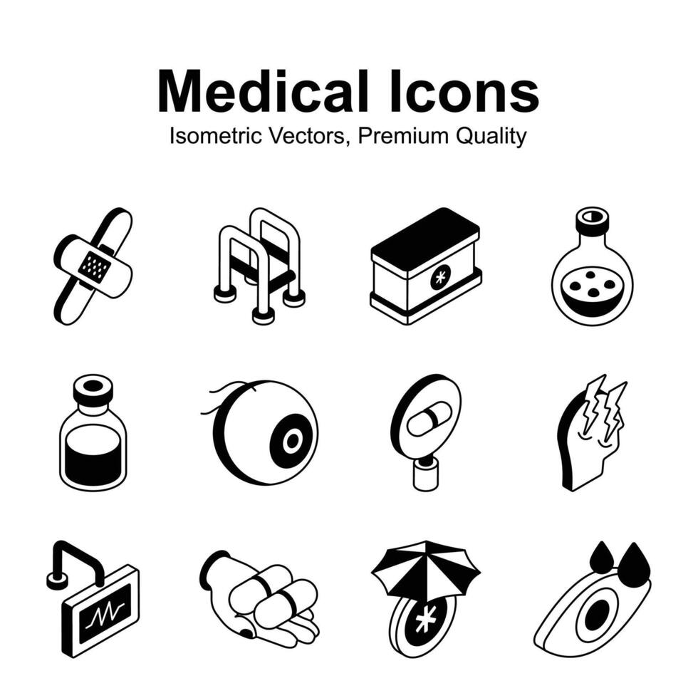 Well designed medical and healthcare isometric icons set in trendy style vector