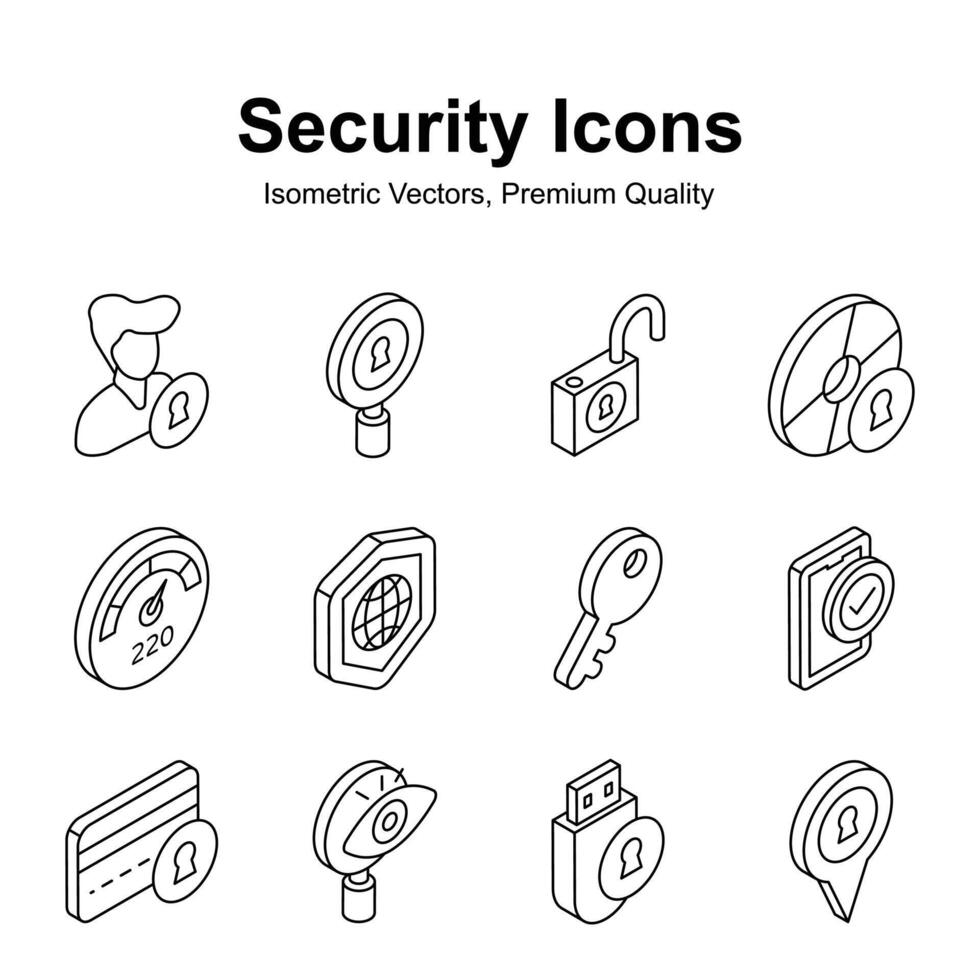 Grab this carefully crafted isometric security icons set, ready for premium use vector