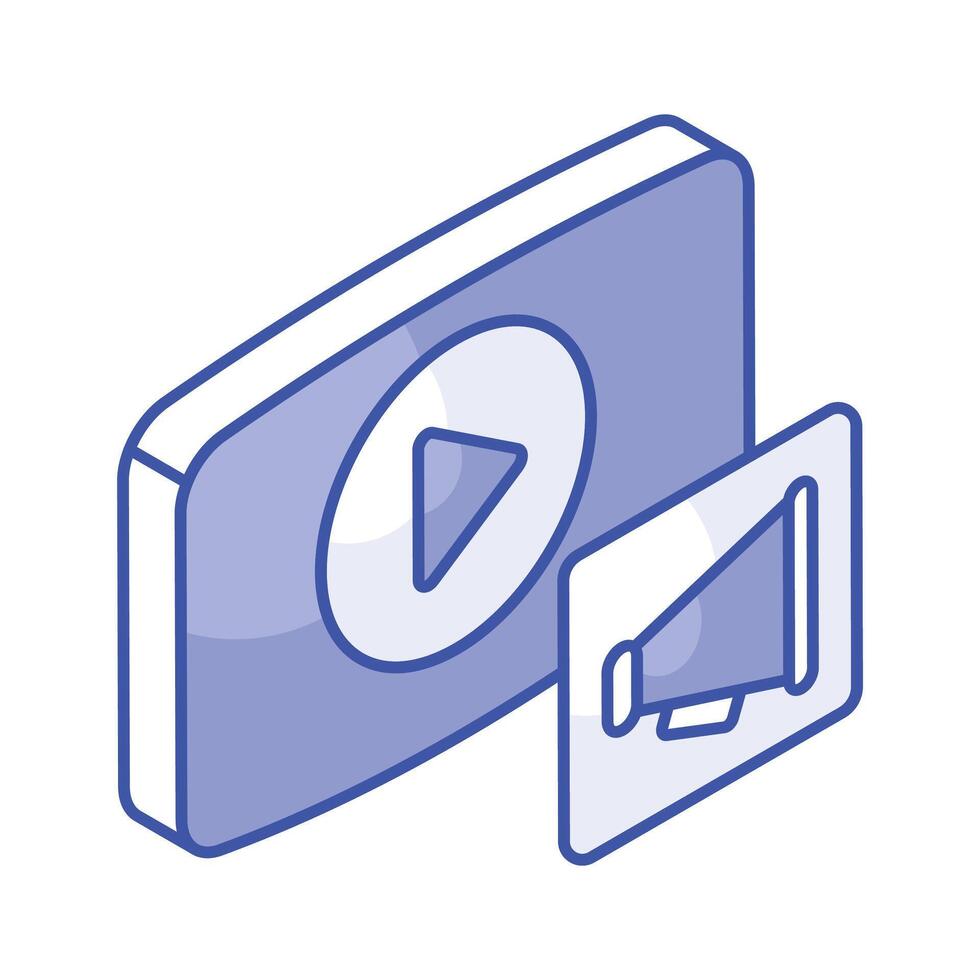 Video player with megaphone showing concept isometric icon of video marketing vector