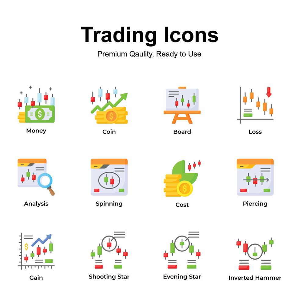 Get this amazing trading icons set in trendy design style, up for premium use vector