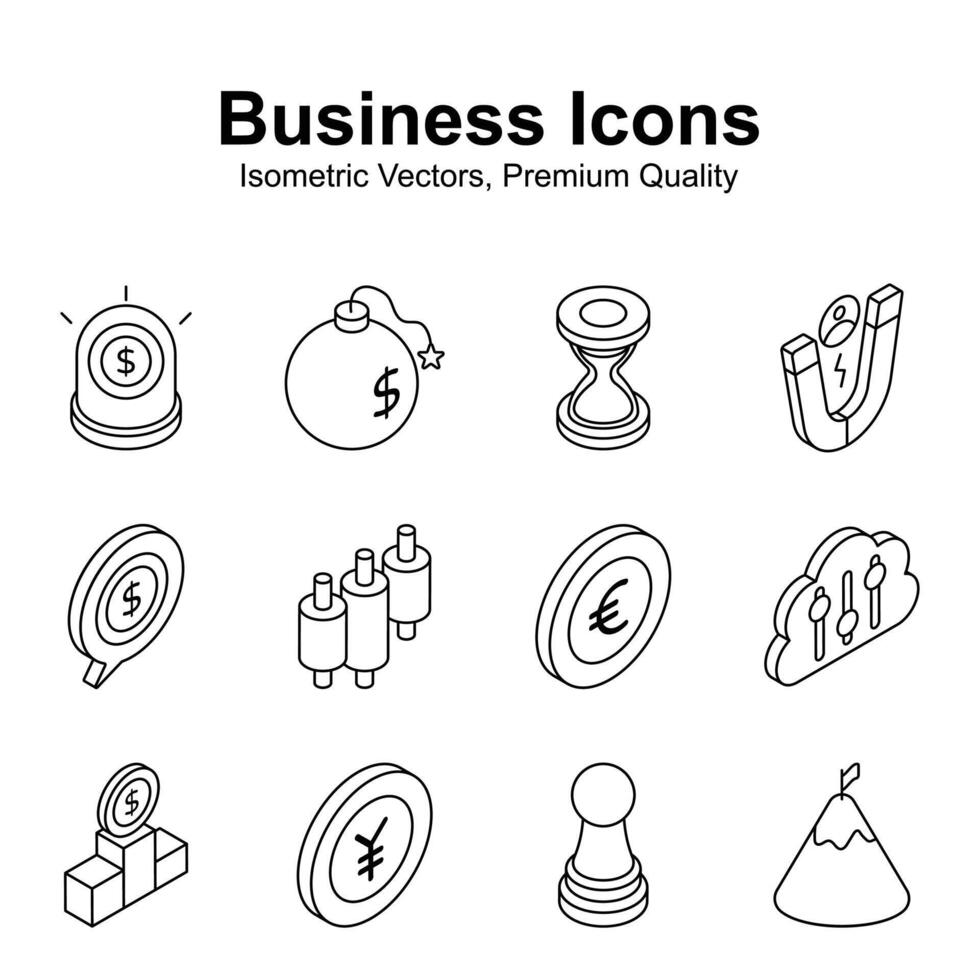Grab this beautifully designed business and finance isometric icons set in modern style vector