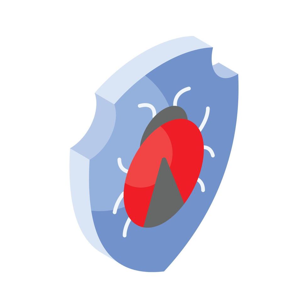 Bug on protection shield showing concept icon of antivirus isometric style vector