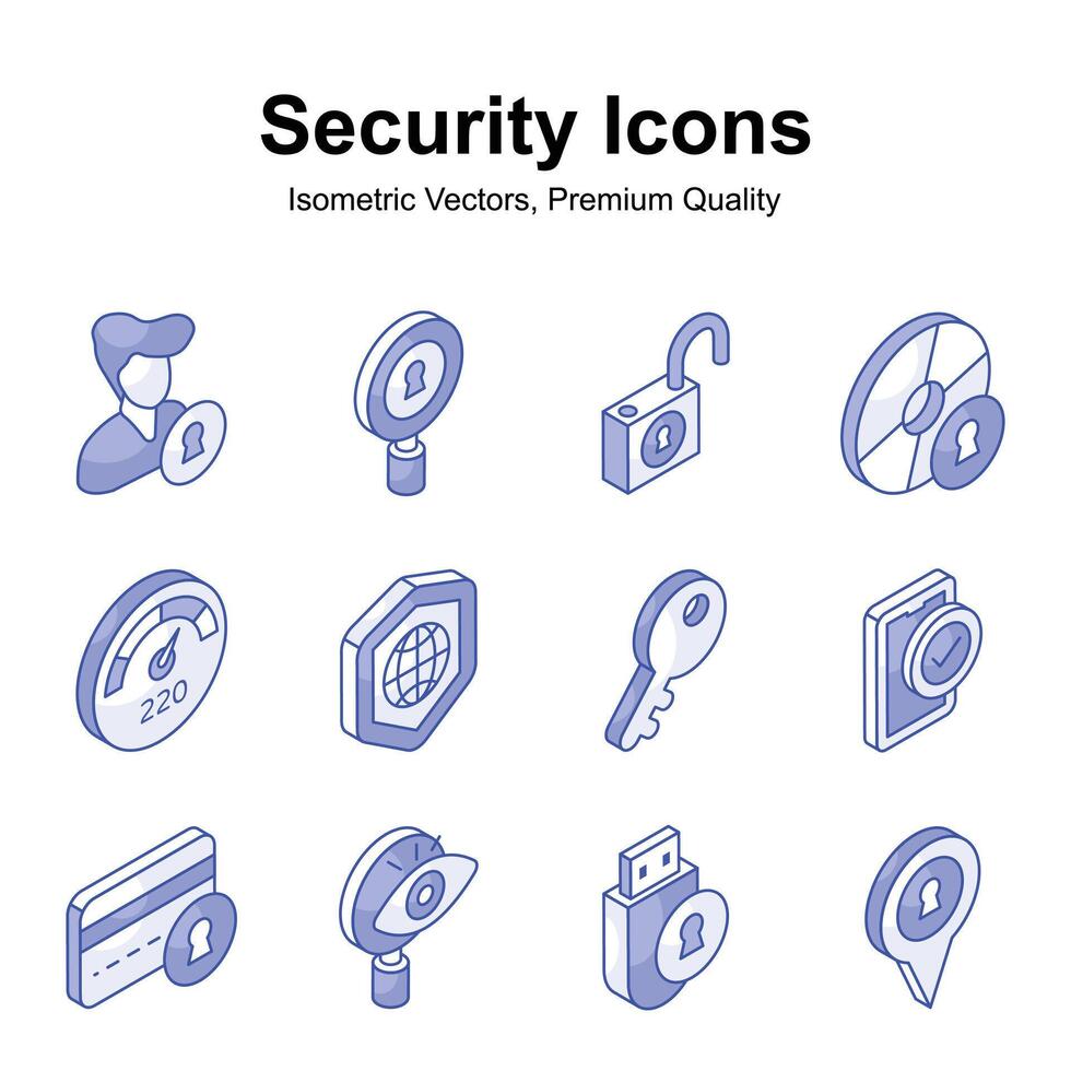 Grab this carefully crafted isometric security icons set, ready for premium use vector