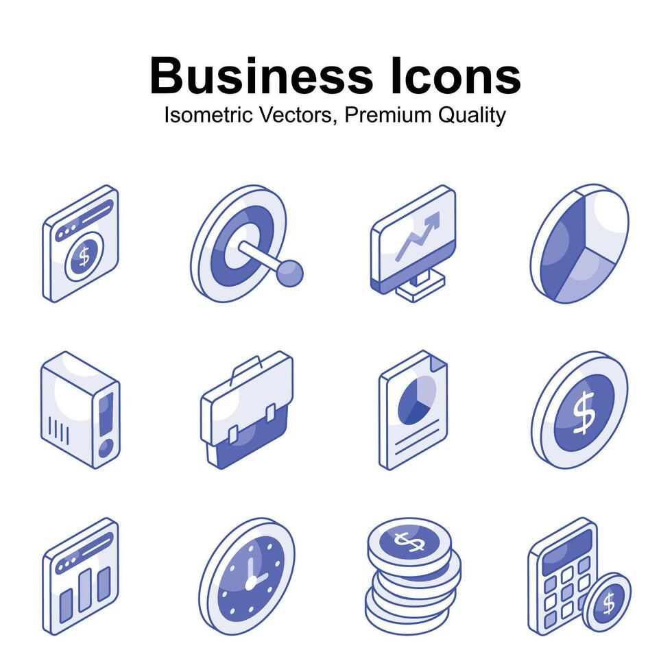 Grab this carefully crafted business isometric icons set in trendy style, ready for premium use vector