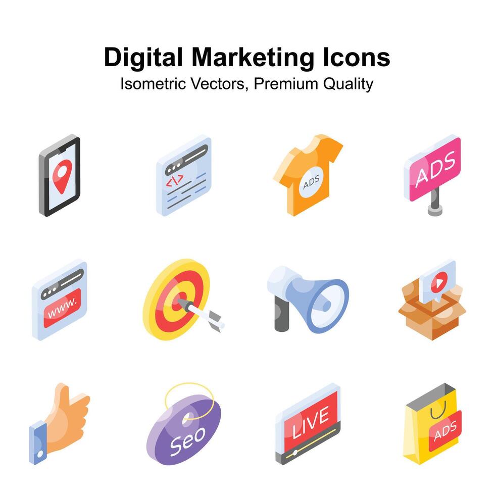 Digital marketing isometric icons set isolated on white background vector