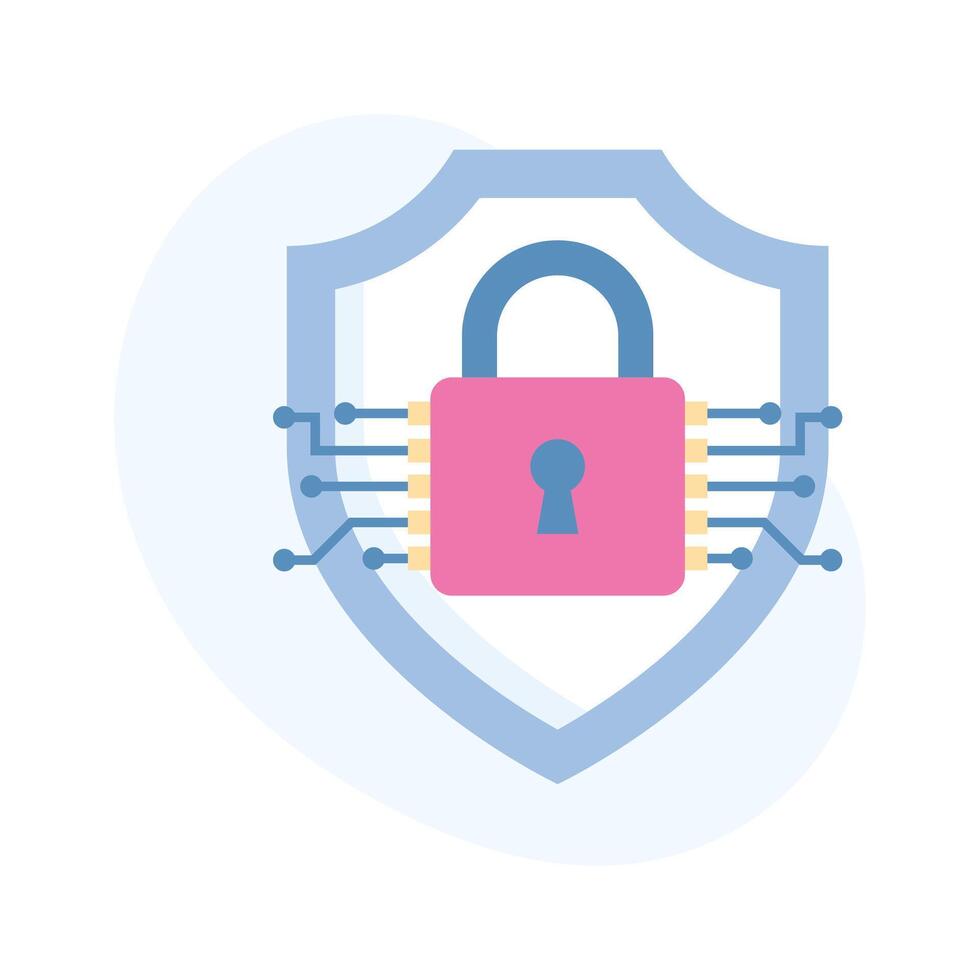 Network nodes with padlock and protection shield depicting flat icon of ai security vector