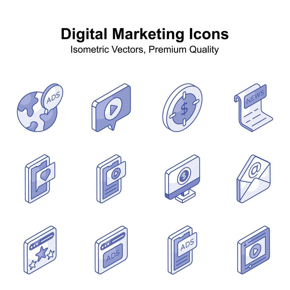 Creatively crafted digital marketing isometric vectors set, ready to use in websites and mobile apps