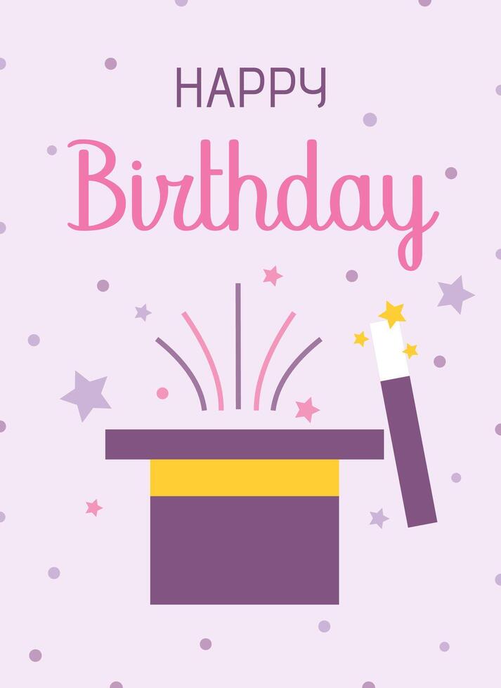 Happy birthday card with magic hat and wand, happy birthday card template vector