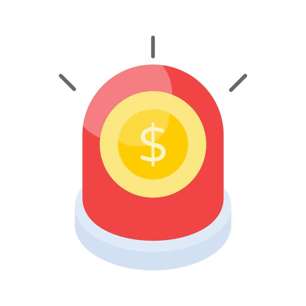 Emergency siren with dollar coin denoting concept icon of emergency fund vector