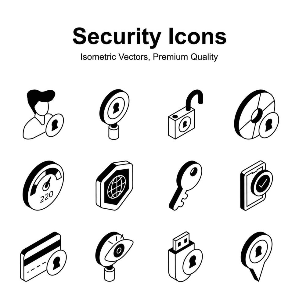 Grab this carefully crafted isometric security icons set, ready for premium use vector