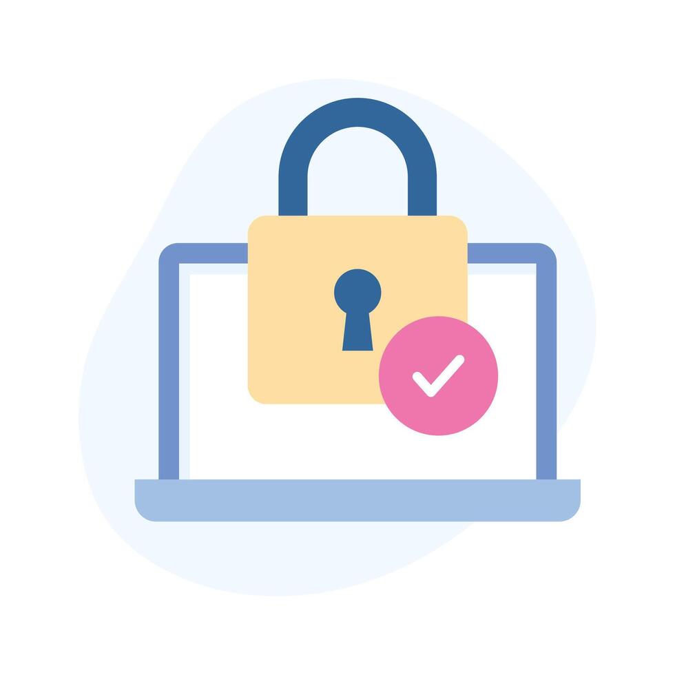 Check mark on padlock with laptop denoting verified security flat icon vector