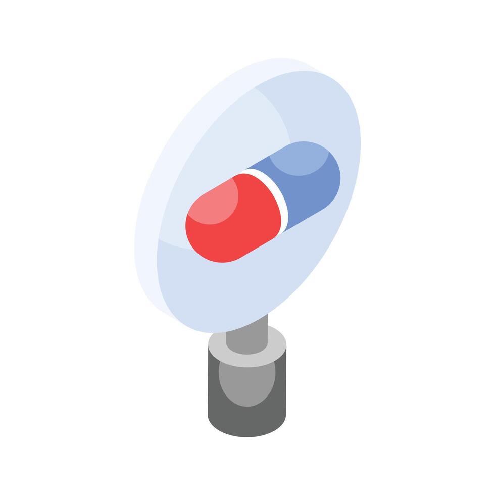 Capsule with magnifier showing concept isometric icon of medicine research, medical research vector