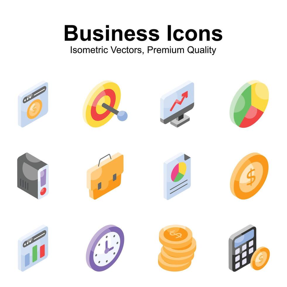 Grab this carefully crafted business isometric icons set in trendy style, ready for premium use vector