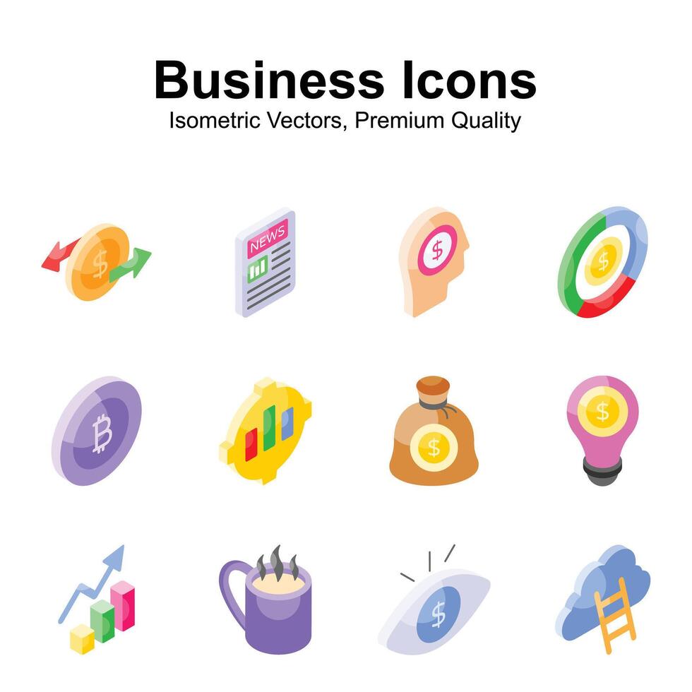 Get this amazing business and finance icons set in trendy isometric style, ready to use in websites and mobile apps vector