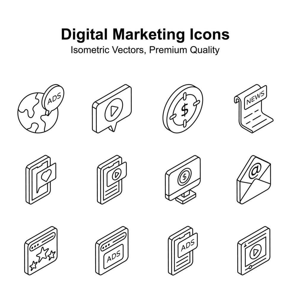 Creatively crafted digital marketing isometric vectors set, ready to use in websites and mobile apps