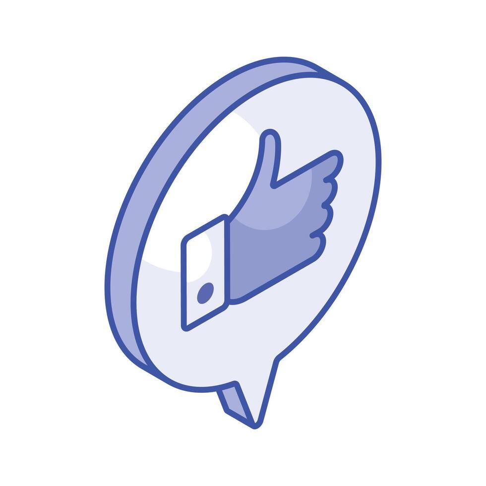 Thumbs up on chat bubble denoting isometric vector of positive feedback