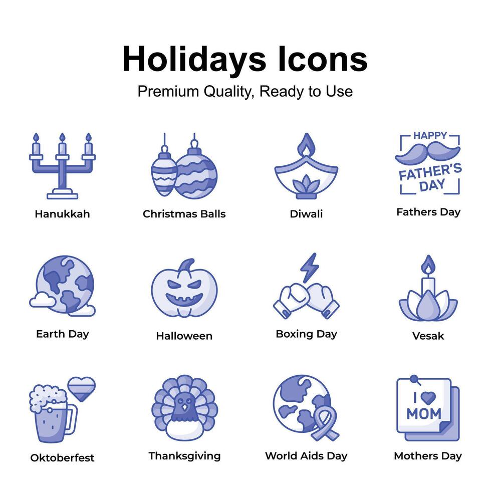 Grab this beautifully crafted holiday and festival icons pack, premium vectors set