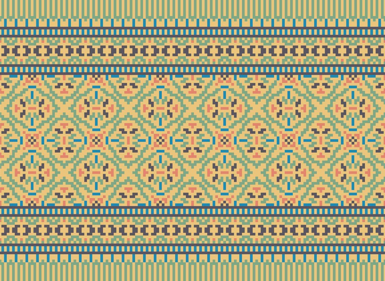 Cross Stitch Embroidery. Ethnic Patterns. Native Style. Traditional Design for texture, textile, fabric, clothing, Knitwear, print. Geometric Pixel Horizontal Seamless Vector. vector