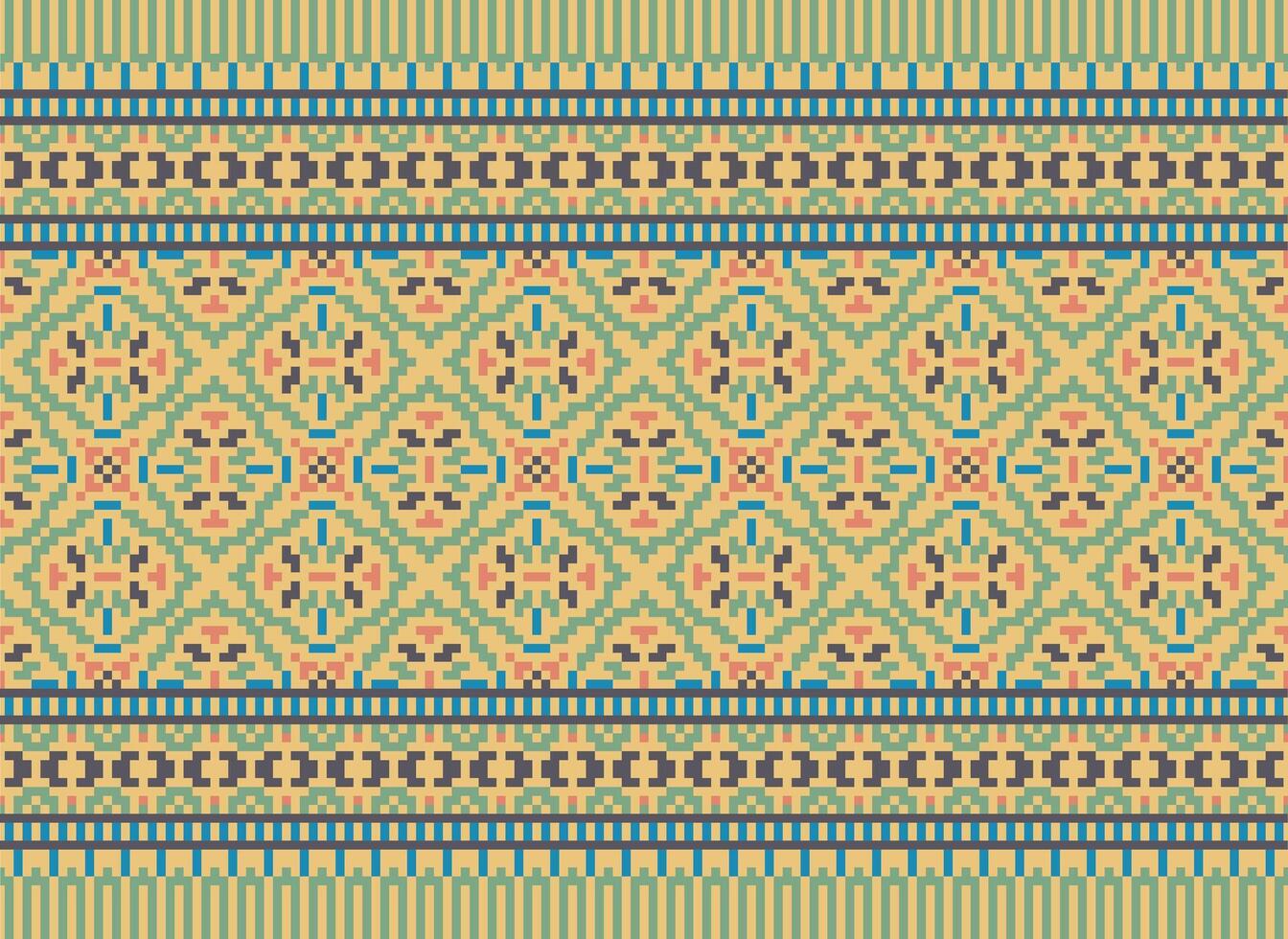 Cross Stitch Embroidery. Ethnic Patterns. Native Style. Traditional Design for texture, textile, fabric, clothing, Knitwear, print. Geometric Pixel Horizontal Seamless Vector. vector