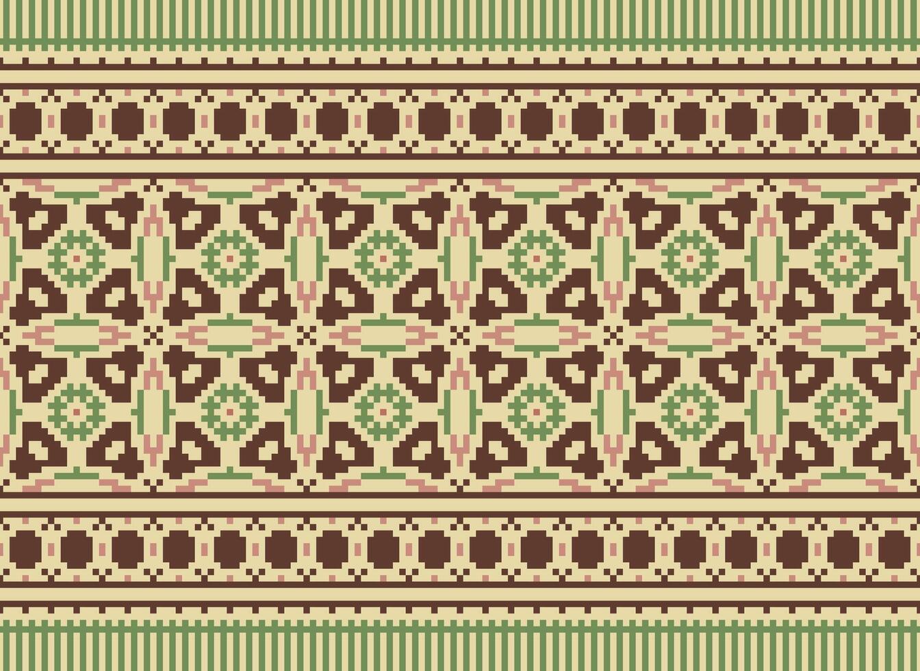 Ethnic Geometric Seamless Fabric Pattern Cross Stitch. Ikat Embroidery Oriental Pixel Pattern Cream Background. Abstract,vector,illustration. Texture,cross Stitch,scarf,decoration,motifs,wallpaper. vector