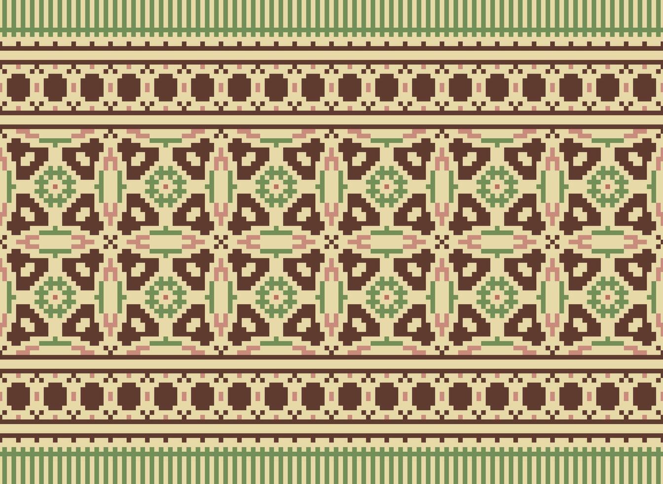 Ethnic Geometric Seamless Fabric Pattern Cross Stitch. Ikat Embroidery Oriental Pixel Pattern Cream Background. Abstract,vector,illustration. Texture,cross Stitch,scarf,decoration,motifs,wallpaper. vector