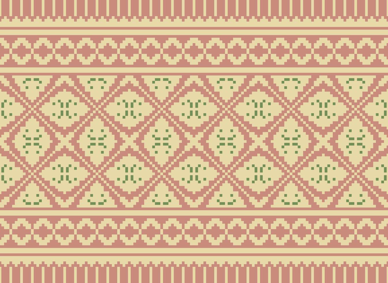 Ethnic Geometric Seamless Fabric Pattern Cross Stitch. Ikat Embroidery Oriental Pixel Pattern Cream Background. Abstract,vector,illustration. Texture,cross Stitch,scarf,decoration,motifs,wallpaper. vector