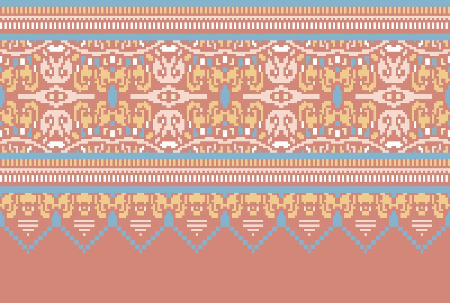 Cross Stitch. Geometric ethnic patterns. Design for Saree, Patola, Sari, Dupatta, Vyshyvanka, rushnyk, dupatta, Clothing, fabric, batik, Knitwear, Embroidery, Ikkat, Pixel pattern. Traditional Design. vector