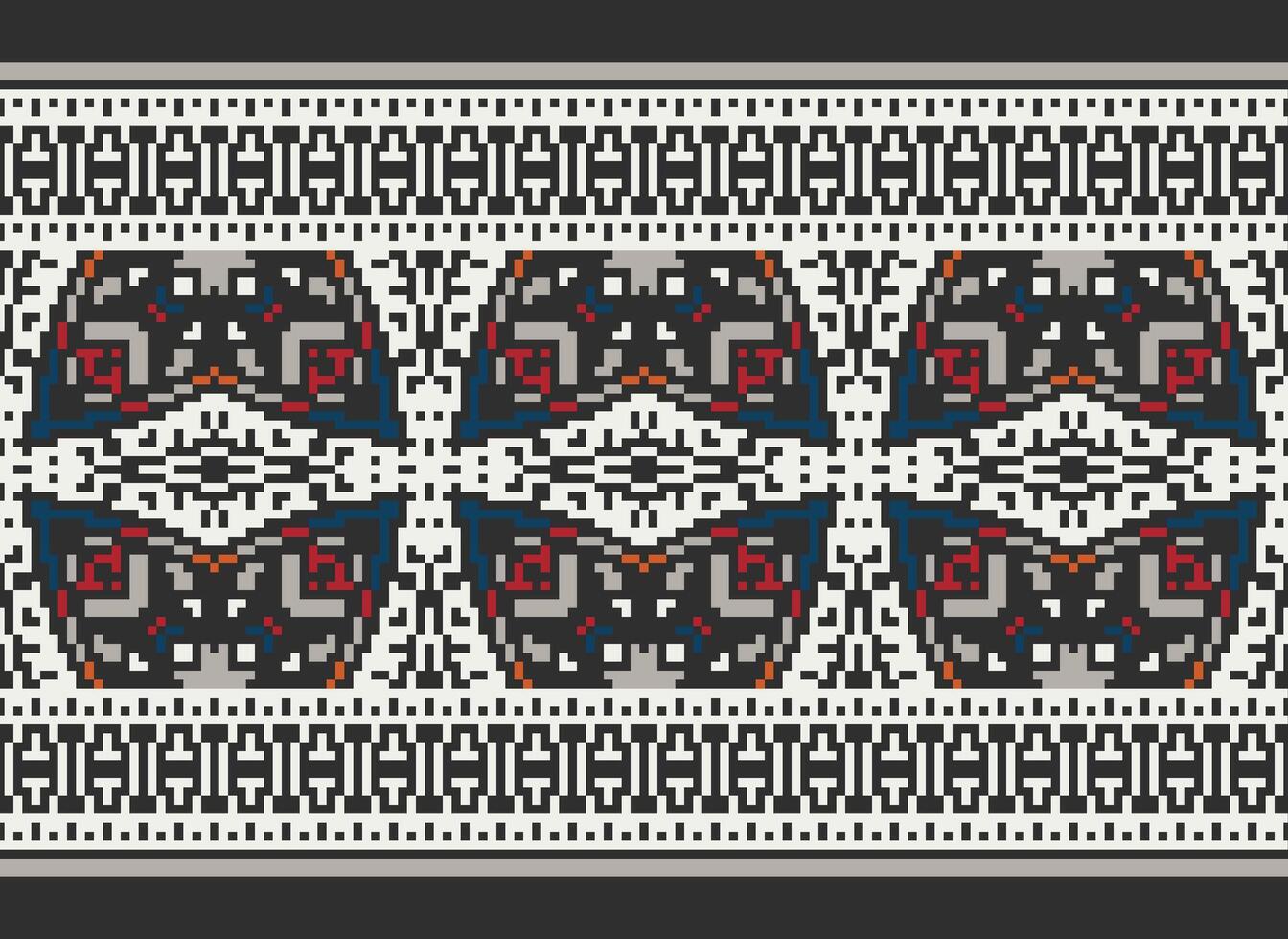 Ethnic Geometric Seamless Fabric Pattern Cross Stitch. Ikat Embroidery Oriental Pixel Pattern Cream Background. Abstract,vector,illustration. Texture,cross Stitch,scarf,decoration,motifs,wallpaper. vector