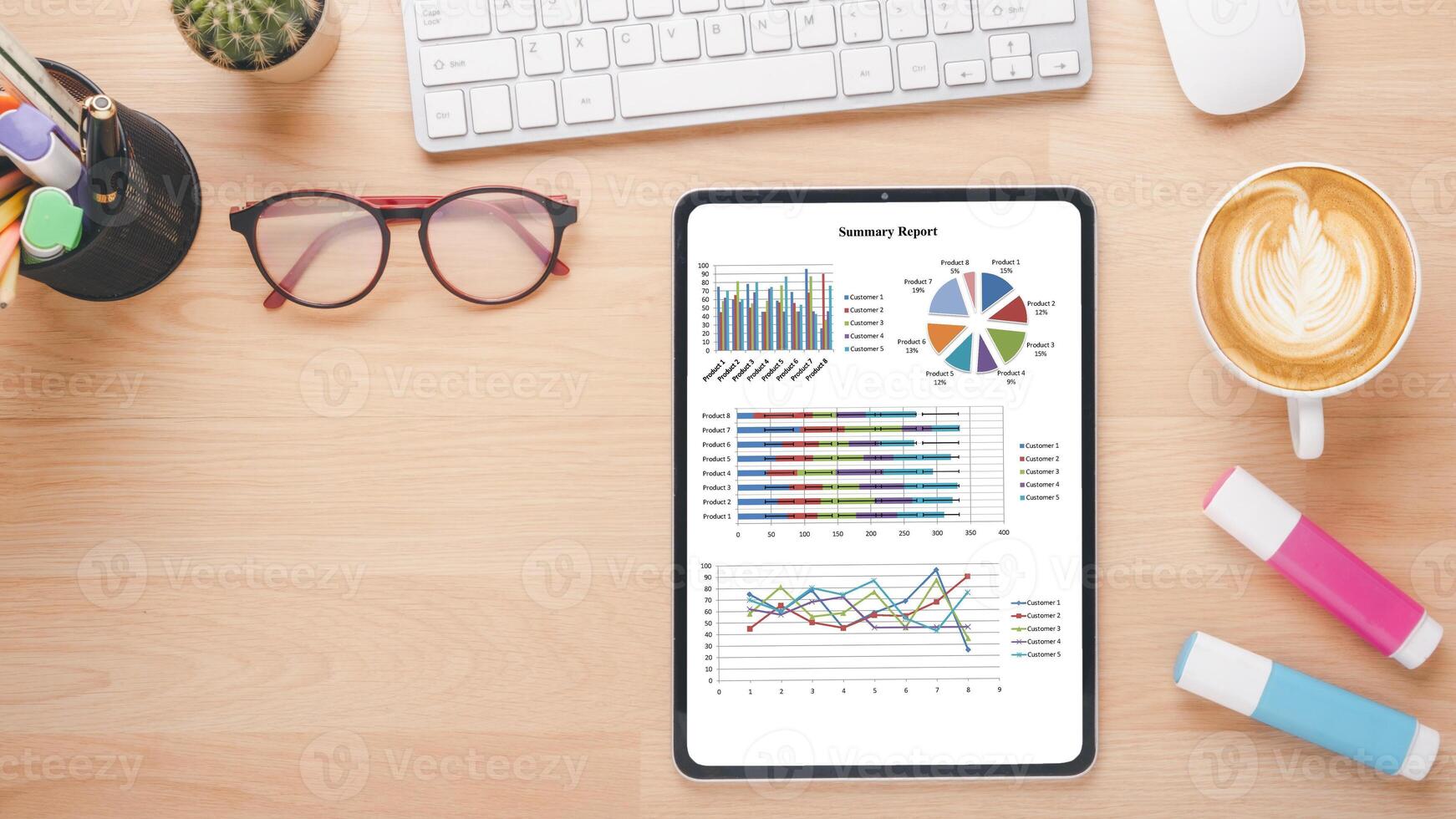 A business summary report on a tablet screen, accompanied by a keyboard, glasses, highlighters, and a cup of latte on a wooden desk. photo