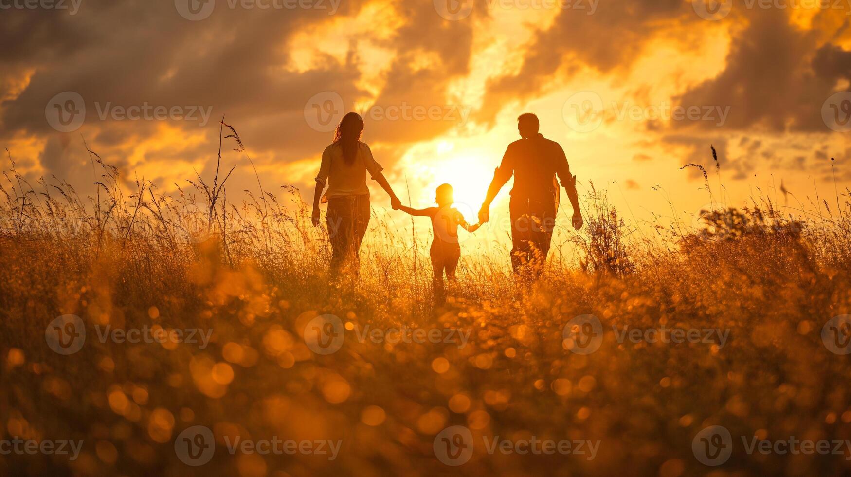 AI generated A heartwarming scene of a family holding hands and walking through a golden field, with the setting sun casting a warm glow over the idyllic landscape. photo