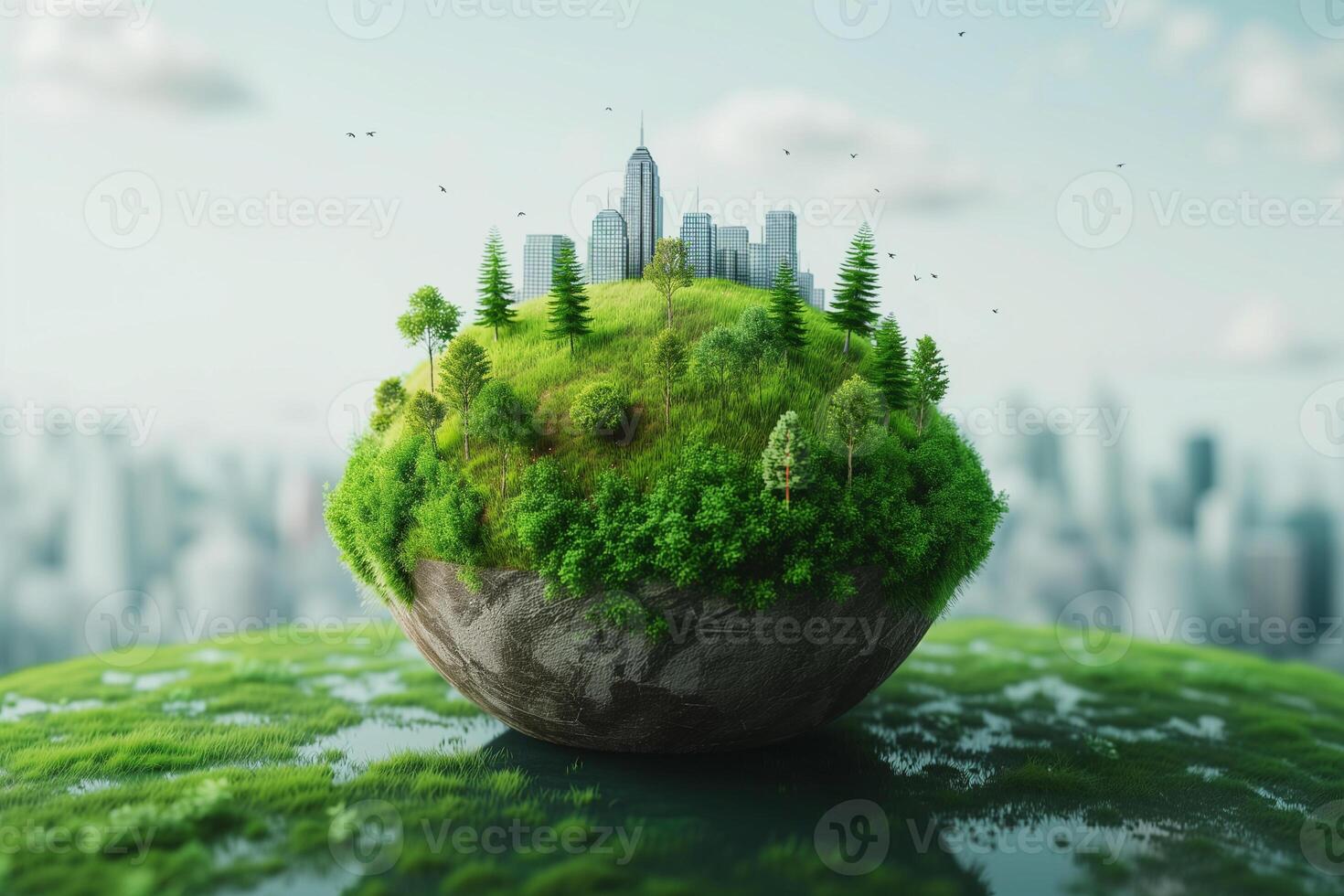 AI generated Conceptual artwork of a lush green floating island with a modern city skyline against a backdrop of a blurred urban landscape. photo