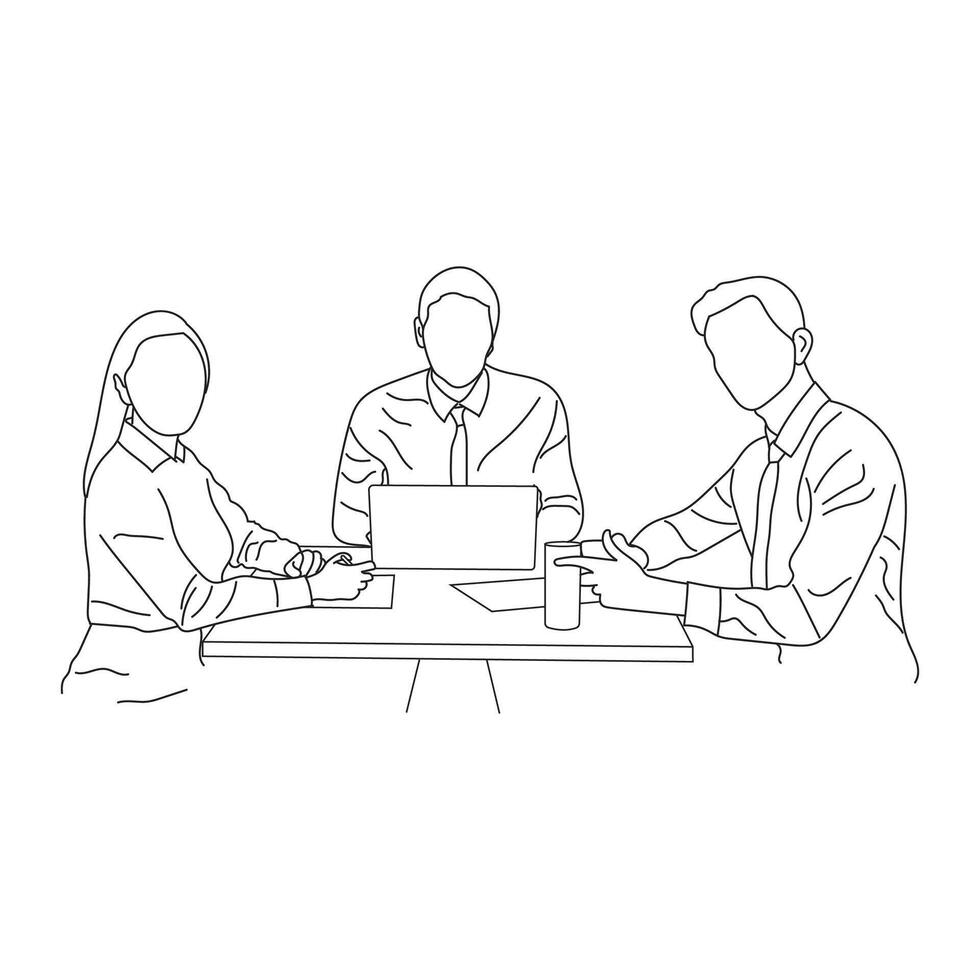 negocio reunión discusión Entre trabajadores en el oficina mano dibujado vector ilustración línea Arte diseño.