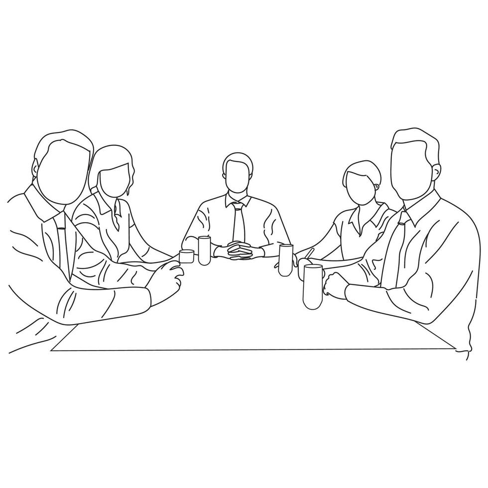 Business meeting discussion between workers in the office hand drawn vector illustration line art design.