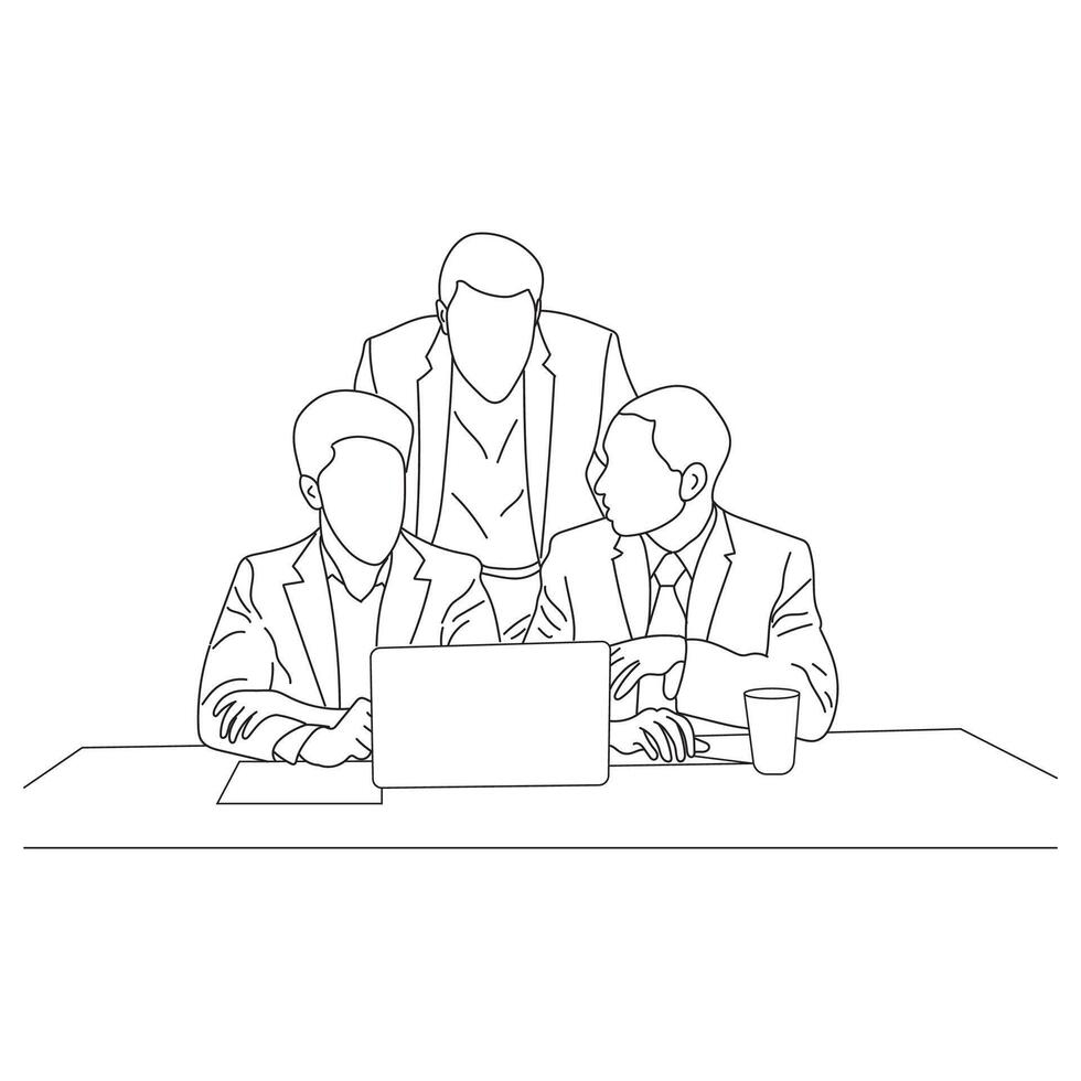 Business meeting discussion between workers in the office hand drawn vector illustration line art design.
