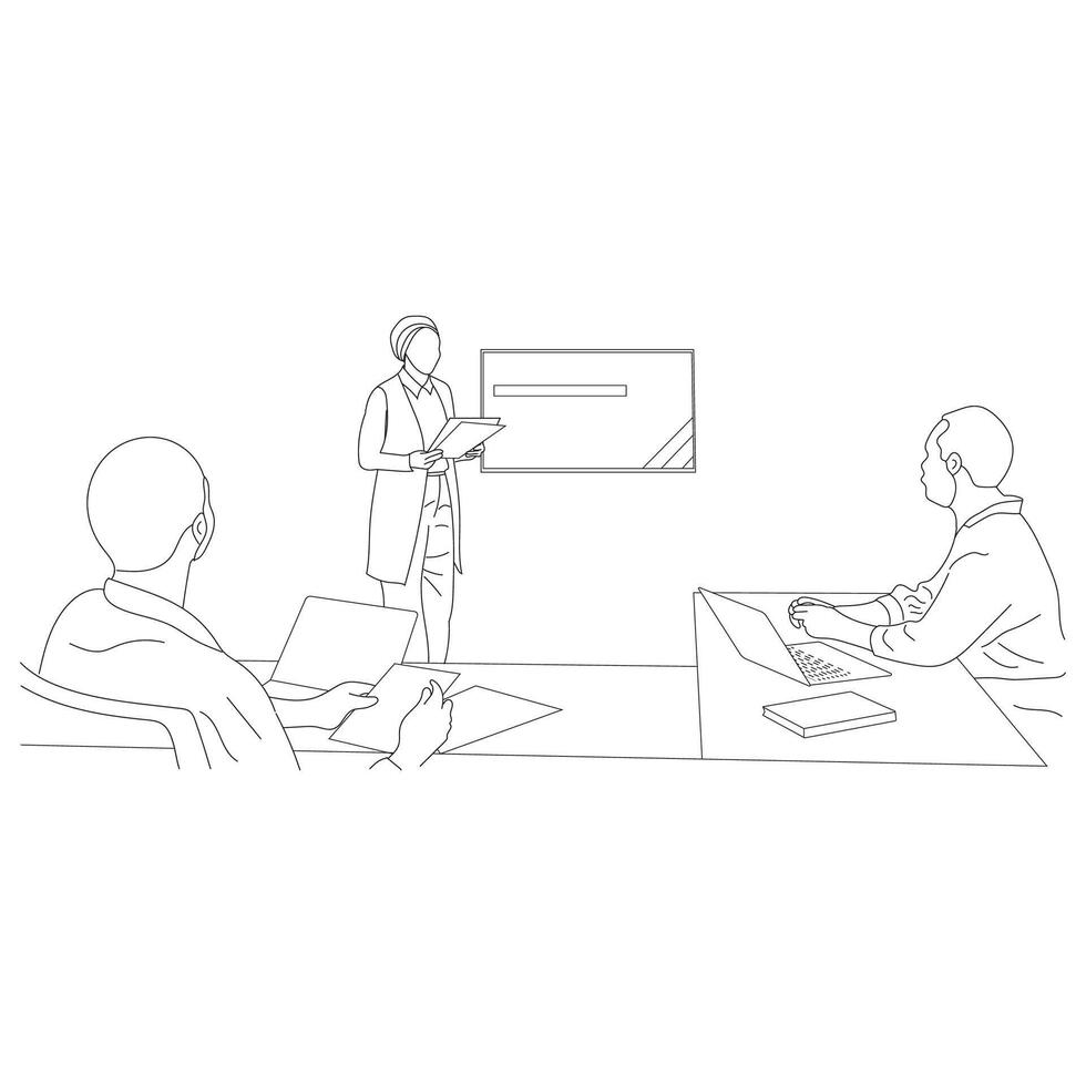 Business meeting discussion between workers in the office hand drawn vector illustration line art design.