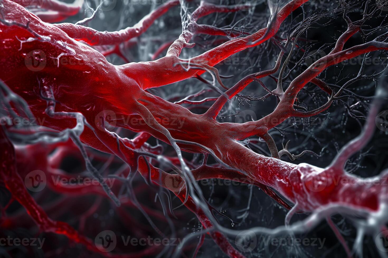 AI generated Highly detailed micrograph showcasing the complex and intricate network of human blood vessels in a scientific context. photo