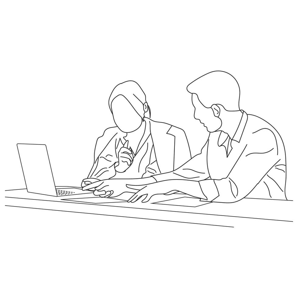 Business meeting discussion between workers in the office hand drawn vector illustration line art design.