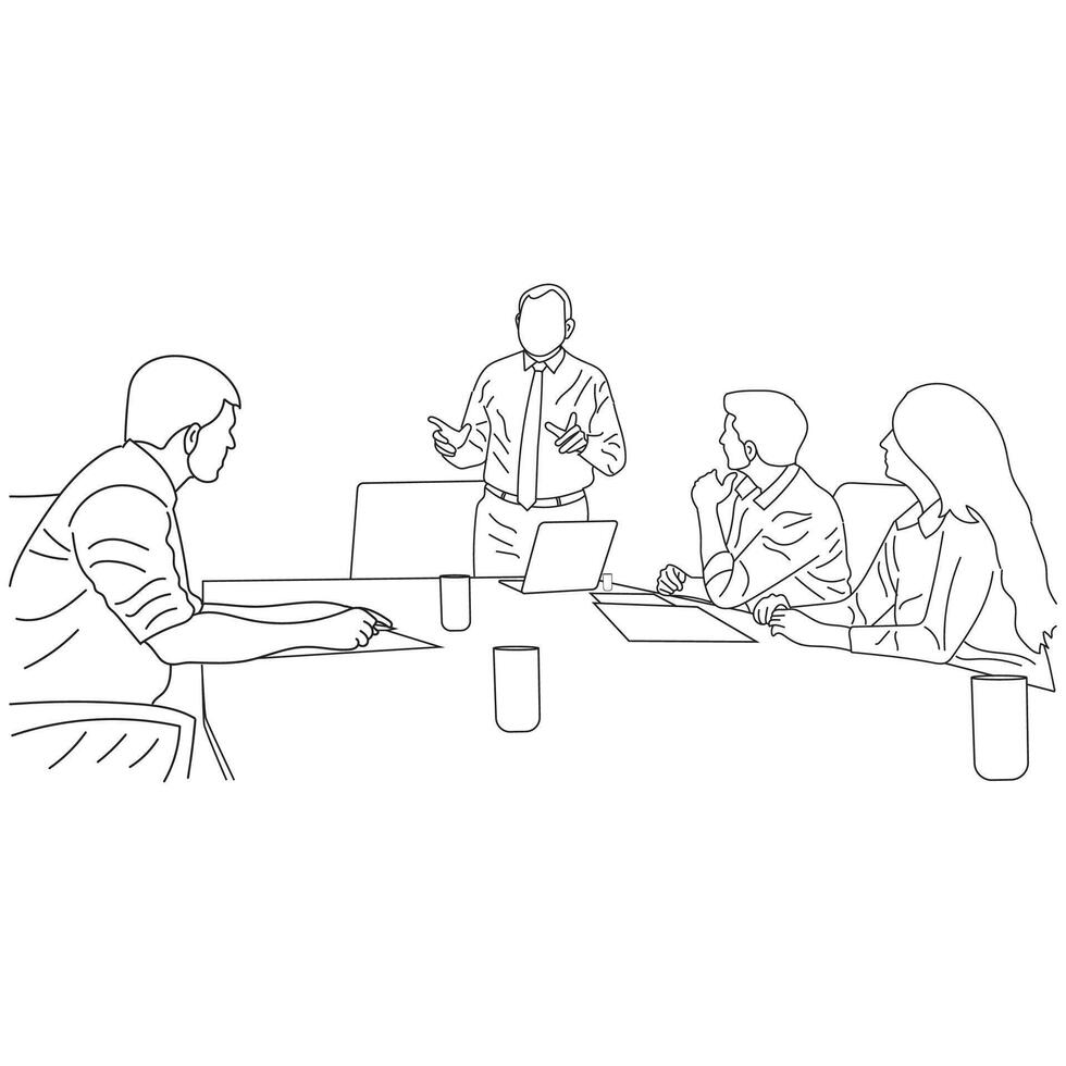 Business meeting discussion between workers in the office hand drawn vector illustration line art design.
