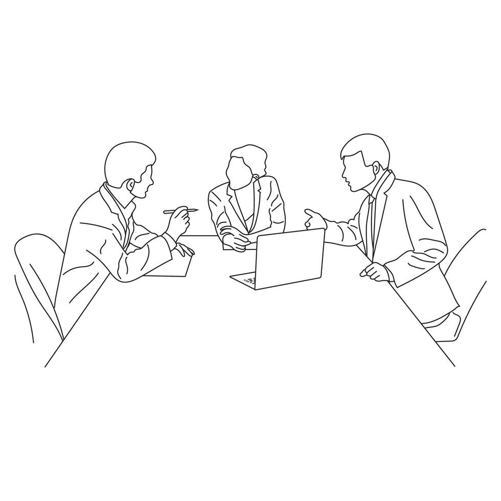 negocio reunión discusión Entre trabajadores en el oficina mano dibujado vector ilustración línea Arte diseño.